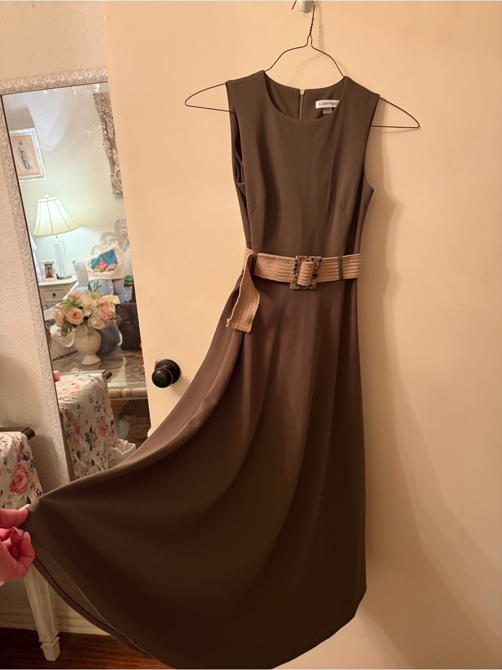 Calvin Klein Olive Sleeveless Midi Dress with Woven Beige tortoiseshell belt